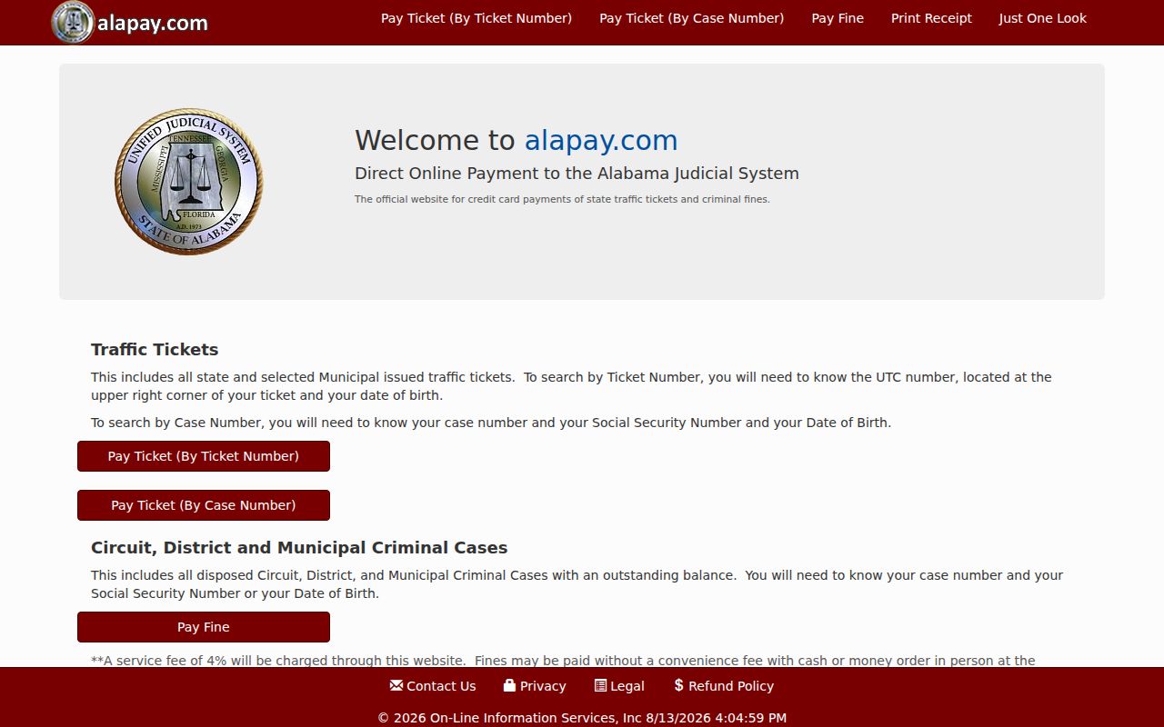 Elmore County traffic court records AlaPay lookup screen